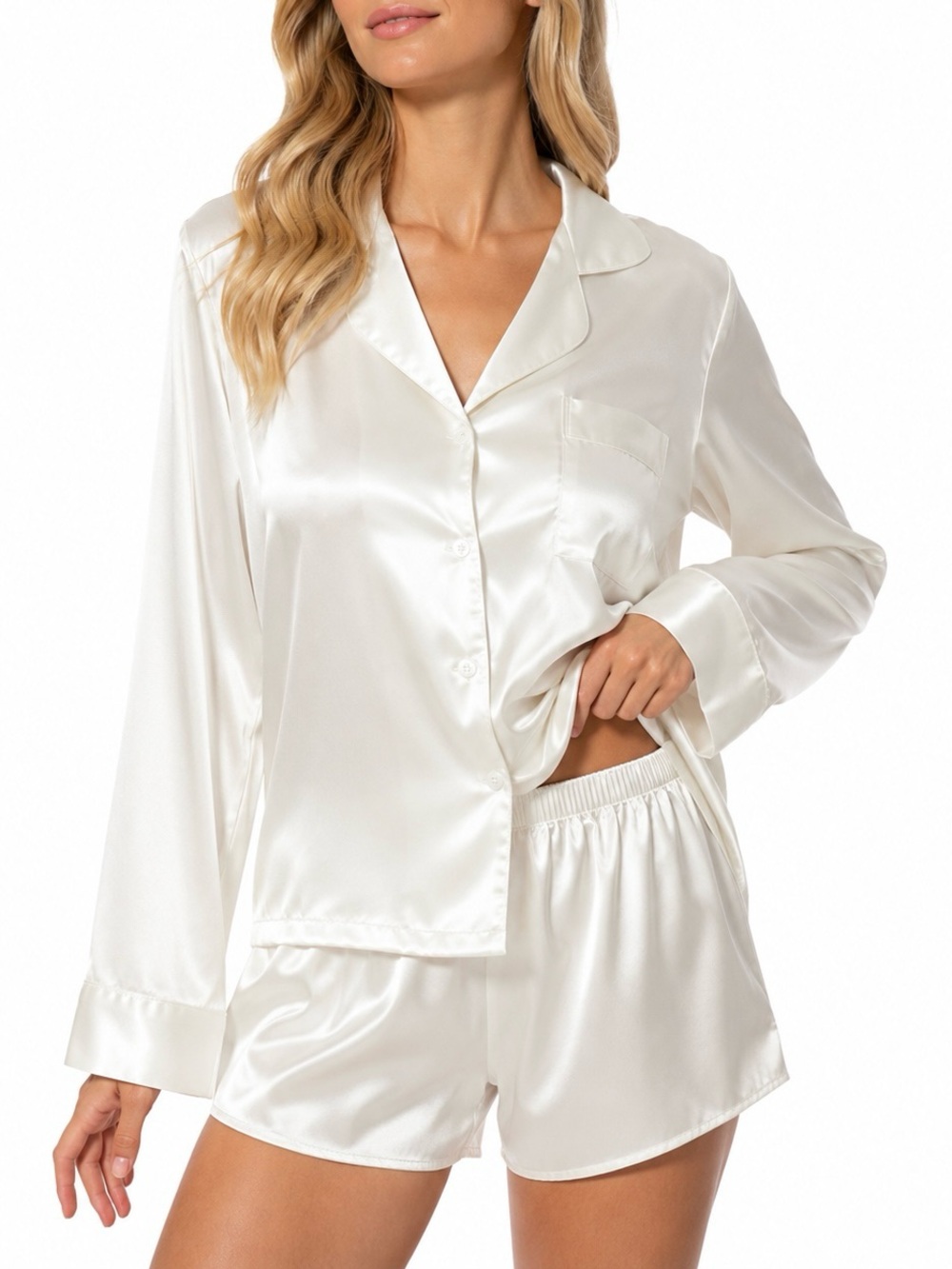 Ekouaer White Satin Pajama Shorts Set Long Sleeve Women’s S